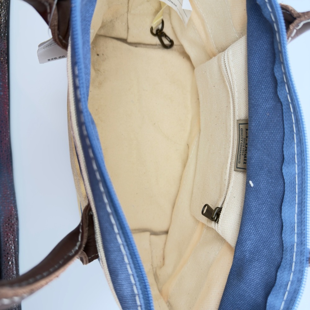 LL Bean Boat and Tote Zip Top Canvas Bag Blue White Stripe Yellow Dog Leather - Picture 6 of 7